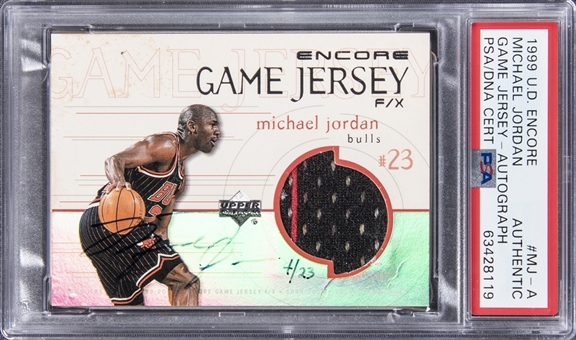 1999-00 UD Encore "Game Jersey Autograph" #MJ-A Michael Jordan Signed Game Used Jersey Card (#04/23) – PSA Authentic, PSA/DNA Certified